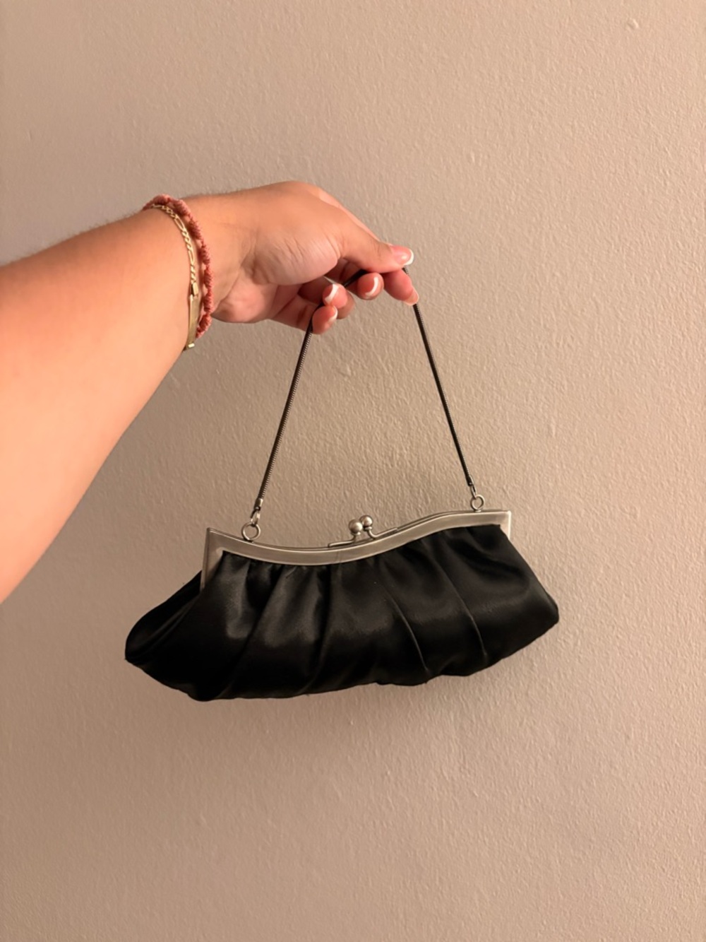 Cache Black Satin Evening Wristlet with Silver Frame